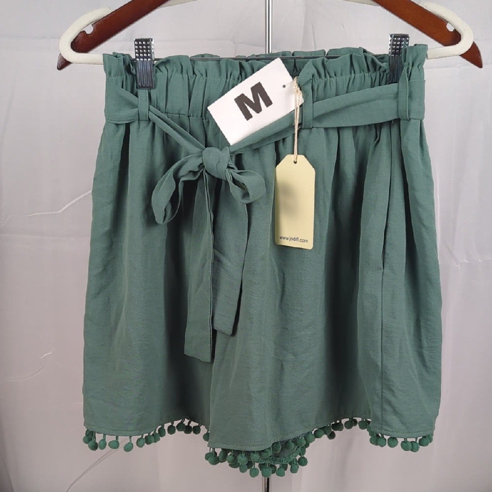 JODIFL Teal High Waist Shorts with Pom-Pom Trim